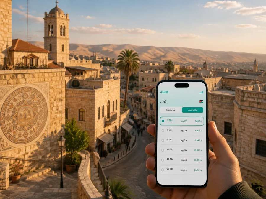 eSIM في مادبا: إنترنت واتصال للرحلة في الأردن