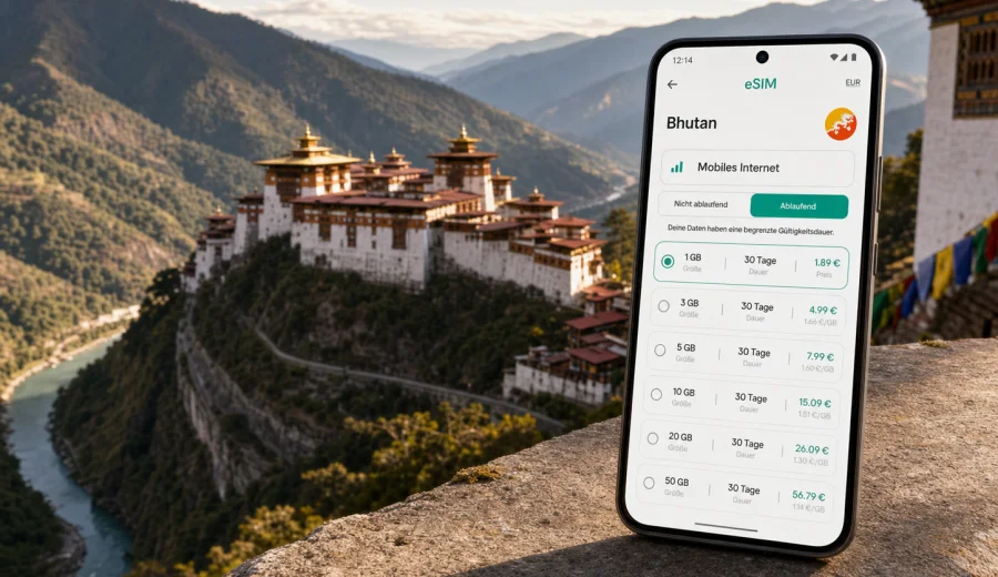 Trongsa eSIM: Internet für Bhutan-Reisen